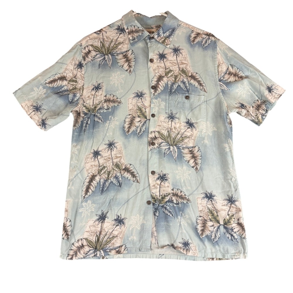 Campia Moda Shirt Medium Blue Tropical Palm Tree Short Sleeve Hawaiian Vacation
